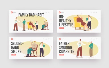 Smoking Family Landing Page Template Set. Characters Mother, Father, Grandfather Smoke Cigarettes in Children Presence