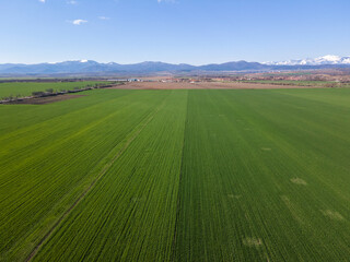 Obraz premium Aerial Spring view of Rural Land near town of Hisarya, Bulgaria