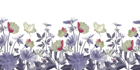 Vector floral seamless border. Summer flowers, blue leaves. Chicory, mallow, gaillardia, marigold, oxeye daisy. Grey, blue, maroon, olive color flowers, butterflies isolated on a white background.