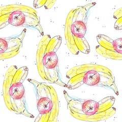 Watercolor drawing seamless pattern of two ripe bananas and a red apple
