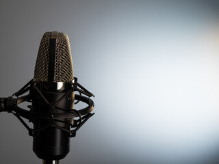 Studio microphone, in the studio Vocal podcast, blogging, text reading and film voice acting, With space for inscriptions or advertisements
