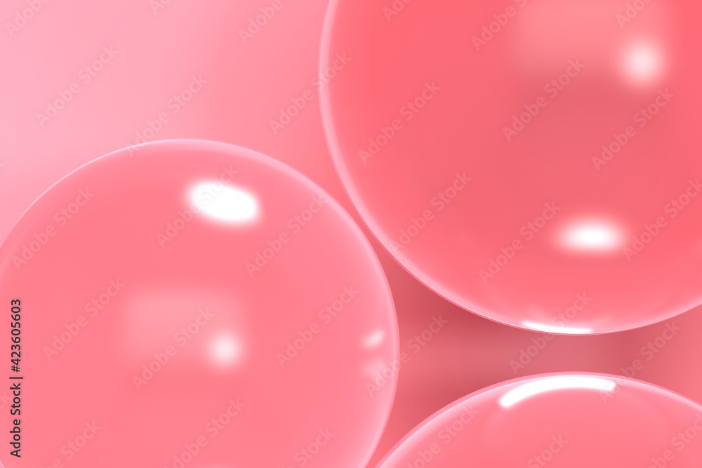 Poster abstract pink background with flying big bubbles. 3d rendering