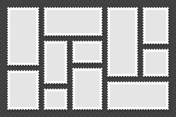 Blank postage stamps collection. Sticky paper stamp with shadow. Vector illustration.