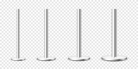 Realistic metal poles collection isolated on transparent background. Glossy steel pipes of various diameters. Billboard or advertising banner mount, holder. Vector illustration.