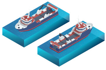 Isometric Fishing Trawler. Sea or ocean transportation, marine ship for industrial seafood production. Sea trawler vessel. Fishing boat © Golden Sikorka