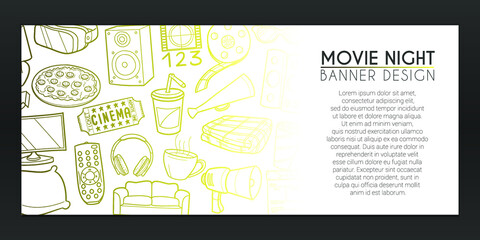 Naklejka premium Movie Night Doodle. Film Background Hand drawn. Cinema Film Icons illustration. Vector Horizontal Design.