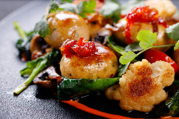 Grilled vegetables mix garnish, tasty vegan food