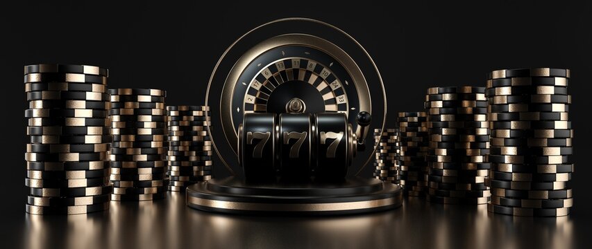 Modern Black And Golden Casino Gambling Concept. Roulette Wheel, Slot Machine And Casino Chips On Black Background - 3D Illustration