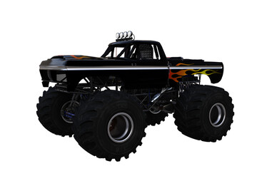 3D rendering of a black monster truck with painted flames on the body.