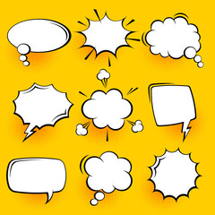 Blank comic speech bubbles with halftone shadows on yellow background. Hand drawn retro cartoon stickers. Pop art style. Vector illustration.
