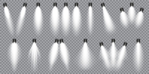 Illuminated studio spotlights collection. Bright light beam. Transparent realistic effect. Stage lighting. Glowing light rays. Vector illustration.