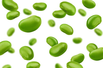 Falling edamame, green beans, isolated on white background, selective focus