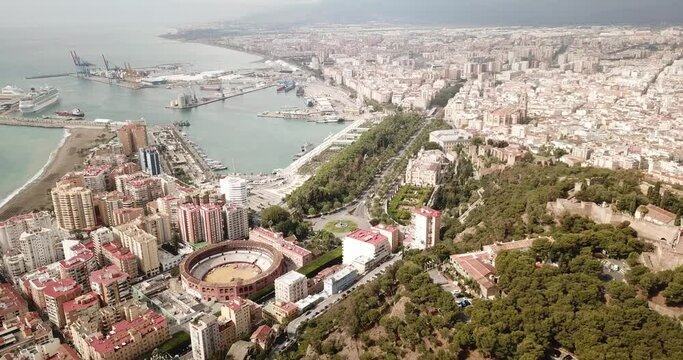 Malaga with Placa de Torros from castle in sunny time. Andalusia, Spain . High quality 4k footage