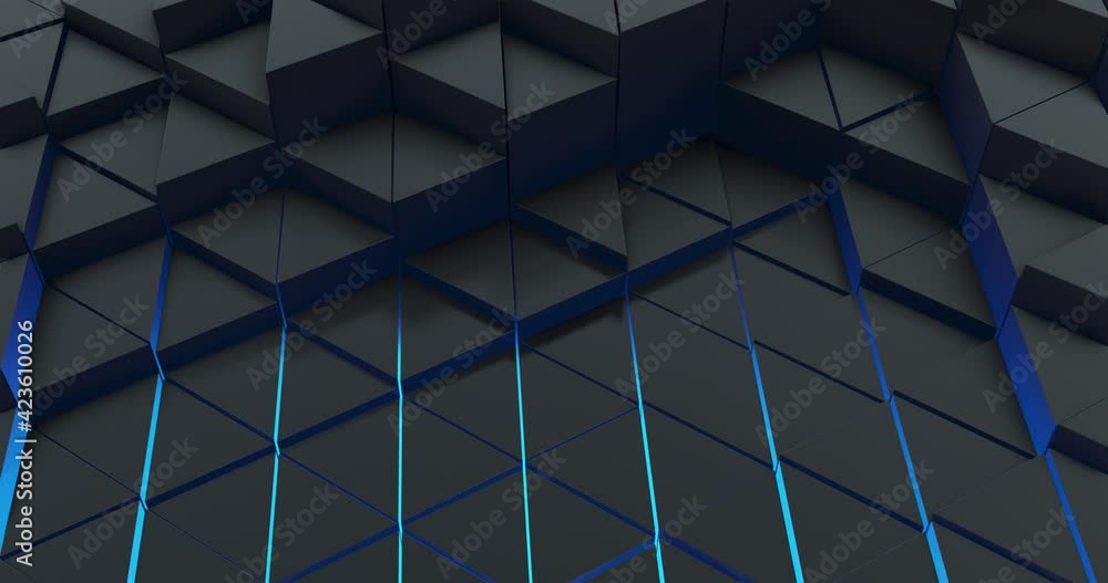 Poster dark and blue glow triangle moving background. abstract motion, 4k loop. 3d rendering