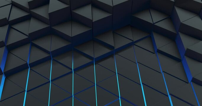 Dark and blue glow triangle moving background. Abstract motion, 4K loop. 3D rendering