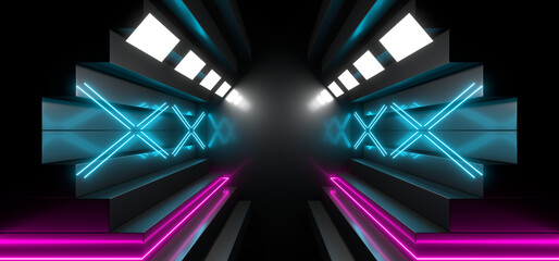 Sci Fy neon lamps in a dark tunnel. Reflections on the floor and walls. 3d rendering image.