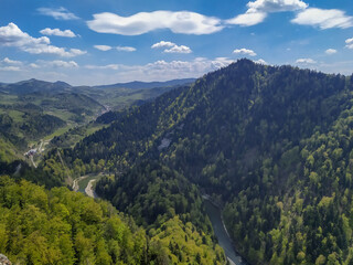 Mountain scenery of Sokolica peak in Pieniny national park, southern Poland (and north Slovakia) with view on river Dunajec.
