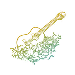 Guitar Rose Flower with Vintage Instrument Design. Music Floral frame ornament vector style. Decoration Design Wreat illustration.