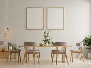 Mock up poster in modern dining room interior design with white empty wall.
