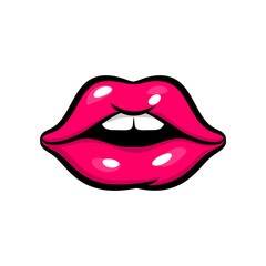 Pink red woman lips in pop art style.