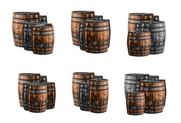 pattern old gray barrel keg set for winemaking on isolated background