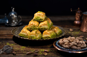 Traditional Turkish Ramadan dessert - baklava with pistachios (Turkish: fistikli baklava). Eid mubarak.  Ramazan bayrami. Ramadan kareem.