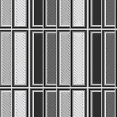 Striped 3d seamless pattern. Vertical stripes background. Vector repeat modern backdrop. Elegant geometric ornaments in black white gray colors.  Ornamental abstract design. Surface grunge texture