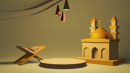 Quran or koran and mosque Islamic  celebration eid al adha or hajj 3D illustration. 3D rendering