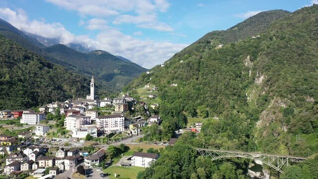 Scenic aerial view of Swiss hamlet of Intragna in Centovalli valley in Alpine highlands in summertime, Locarno district, canton Ticino 
