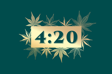 420 Creative Concept with Marijuana or Cannabis Leaves Composition and Numerals Logo Lettering - Gold on Turquoise Background - Hand Drawn Design