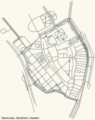 Black simple detailed street roads map on vintage beige background of the quarter Gamla stan district of Stockholm, Sweden