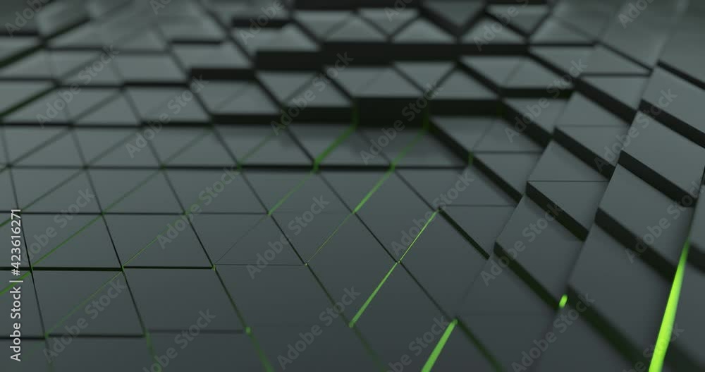 Poster green glow under dark moving triangles. abstract motion video, 4k loop. 3d rendering