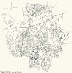 Black simple detailed street roads map on vintage beige background of the quarter Täby municipality of Stockholm county, Sweden