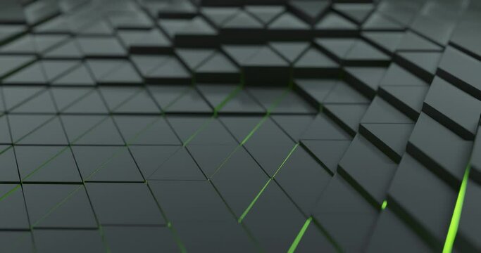 green glow under dark moving triangles.  Abstract motion video, 4K loop. 3D rendering