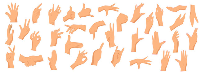Various gestures of human hands isolated on a white background. Different human finger gesture signs collection. Vector illustration