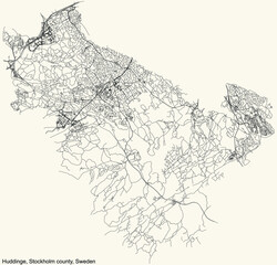 Fototapeta premium Black simple detailed street roads map on vintage beige background of the quarter Huddinge municipality of Stockholm county, Sweden