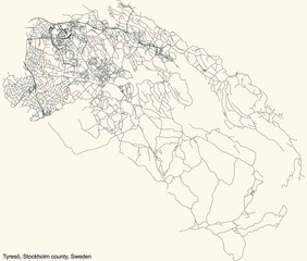 Black simple detailed street roads map on vintage beige background of the quarter Tyresö municipality of Stockholm county, Sweden