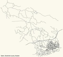 Black simple detailed street roads map on vintage beige background of the quarter Salem municipality of Stockholm county, Sweden