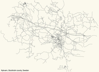 Black simple detailed street roads map on vintage beige background of the quarter Nykvarn municipality of Stockholm county, Sweden