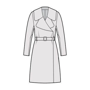 Belted coat technical fashion illustration with long sleeves, huge notched collar, oversized body, knee length. Flat jacket template front, grey color style. Women, men, unisex top CAD mockup
