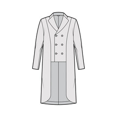 Horse riding jacket tuxedo technical fashion illustration with double breasted, long sleeves, peaked collar, low high hem. Flat show equestrian coat template front grey color style. Women, men top CAD