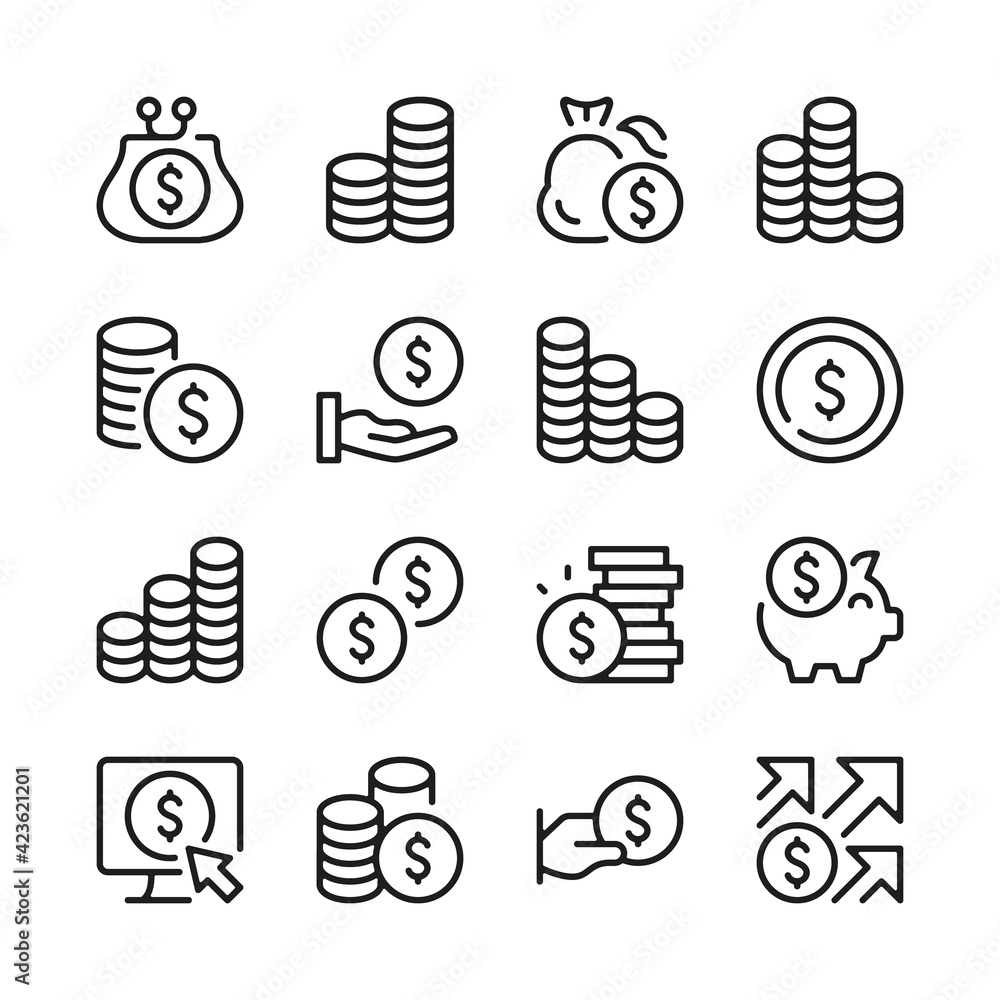 Aufkleber coins line icons set. modern graphic design concepts, simple outline elements collection. vector lin