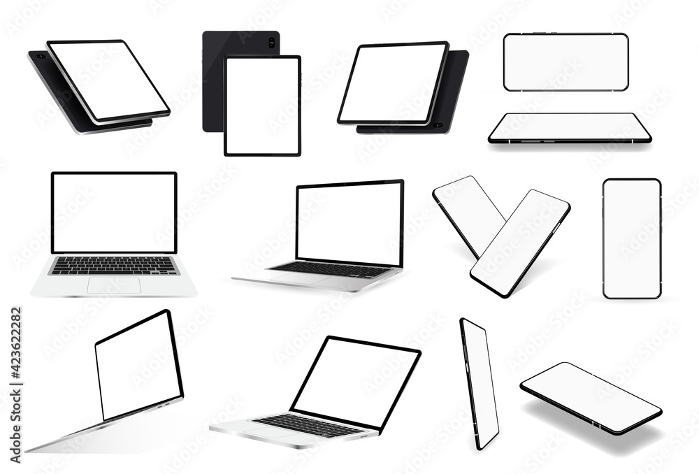 Poster various gadgets mockups. laptop, tablet and mobile phone. realistic 3d devices with blank screen in 