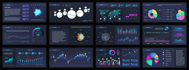 Dark Presentation slide with gradient graphic elements. Business report and project data visualization. Slide with statistical, data analytics and information. Vector presentation with infographics