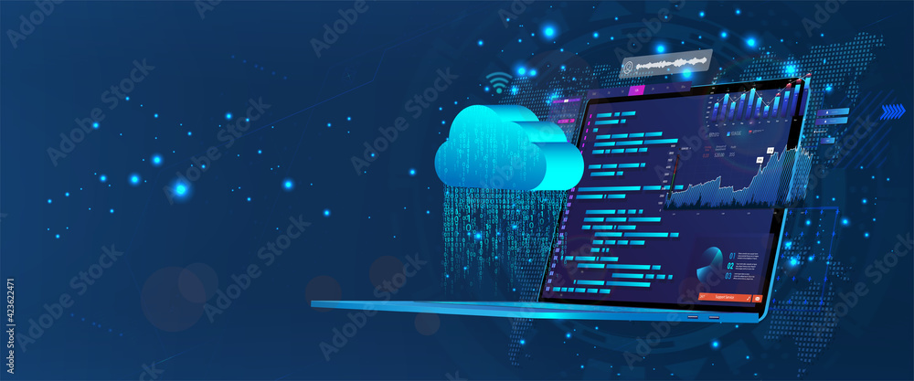 Fototapete Laptop with programming code on screen with software development UI and saving data to cloud storage. Web coding and synchronization with the cloud service via the Internet. Programming concept