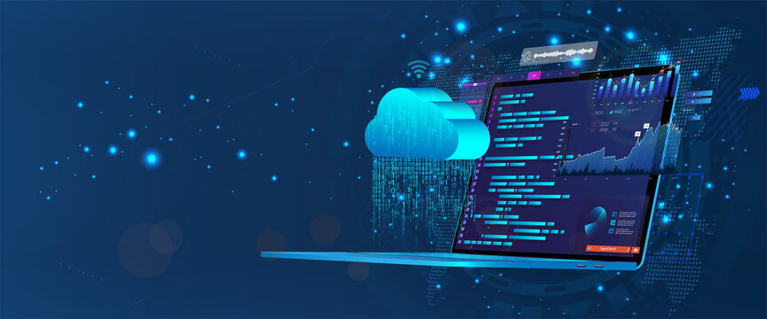 Laptop With Programming Code On Screen With Software Development UI And Saving Data To Cloud Storage. Web Coding And Synchronization With The Cloud Service Via The Internet. Programming Concept