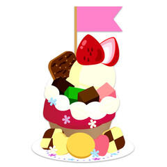 お誕生日のお祝いに苺とクリームでデコレーションしたカップケーキに旗をつけて｜Flag a cupcake decorated with strawberries and cream to celebrate your birthday