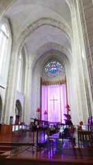  shot of the beautiful window art in a religious Christian or catholic chapel 
