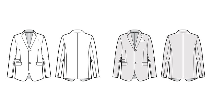 Tailored jacket lounge suit technical fashion illustration with long sleeves, notched lapel collar, flap went pockets. Flat coat template front, back, white, grey color style. Women, men, CAD mockup