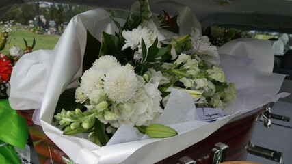 Shot of flowers arrangement used for a funeral service 
